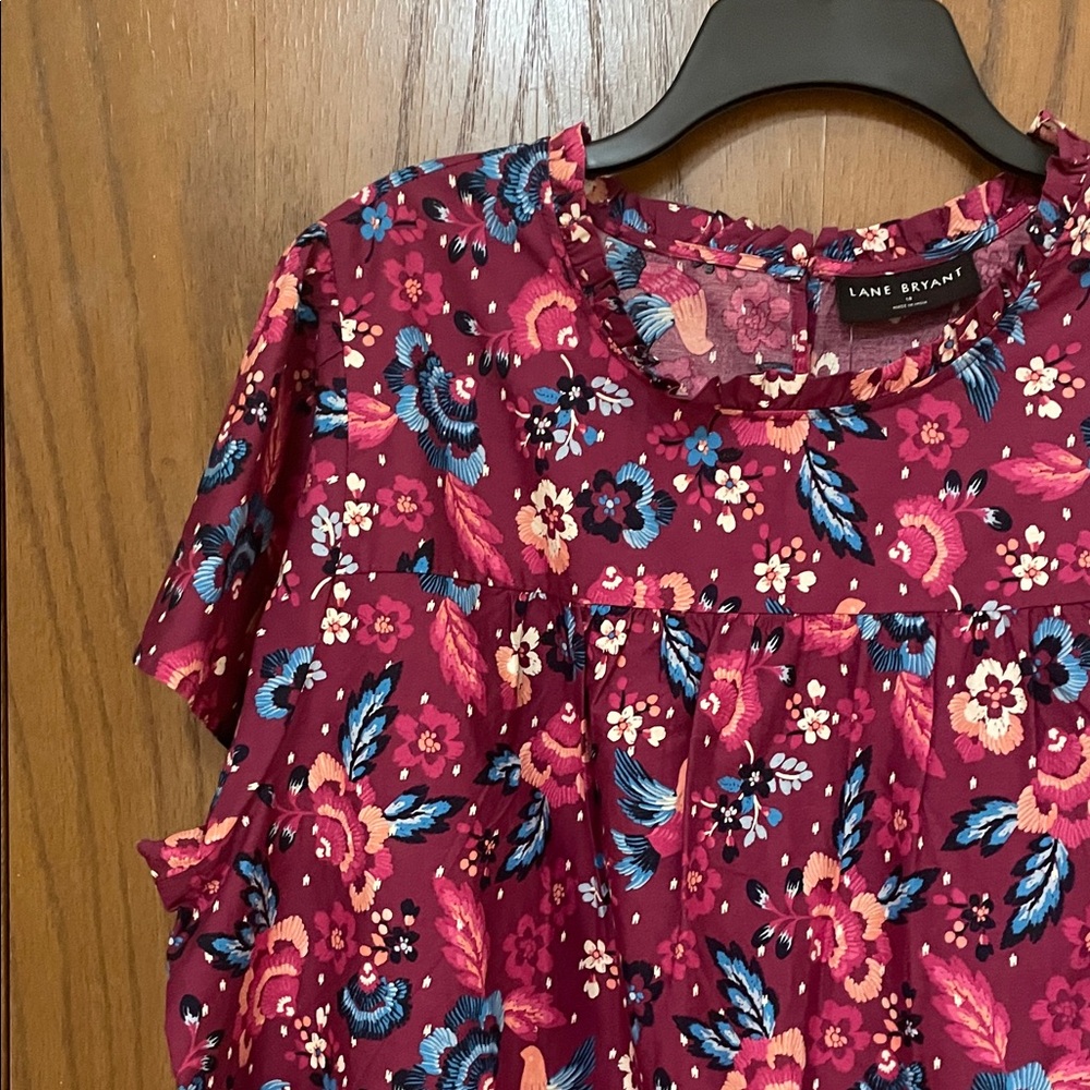 Lane Bryant NWT Sz 18 Burgundy Floral & Bird Print Short Sleeve Blouse Cotton - Picture 6 of 12